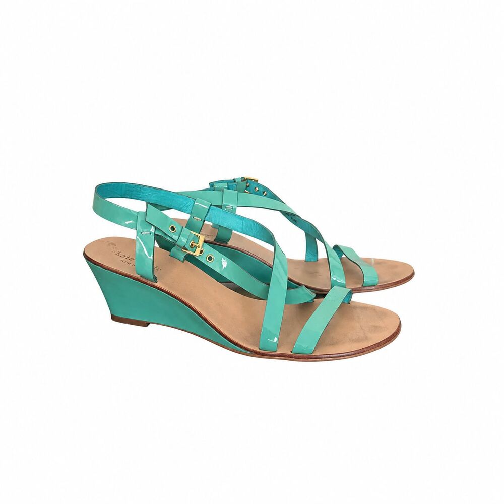 Kate Spade Womens 9.5 Turquoise Patent Leather Wedge Sandals Strappy Chic